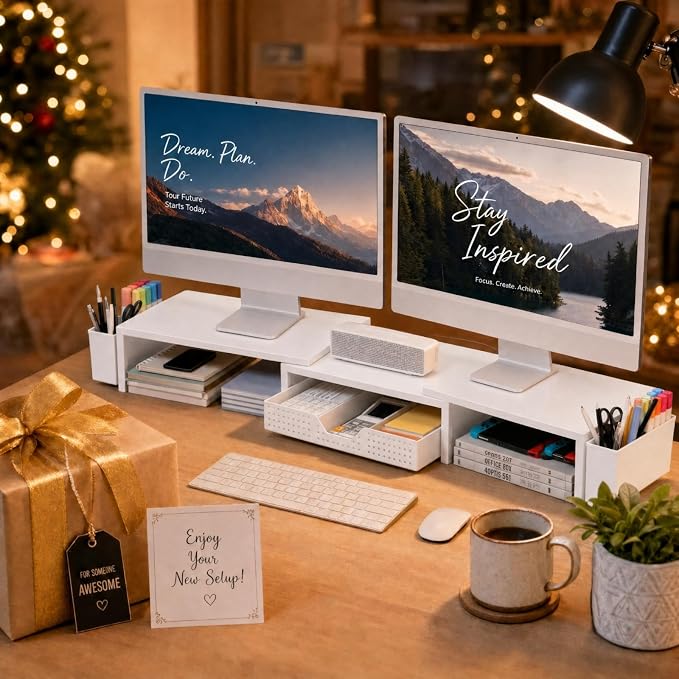 OPNICE Desk Organizers and Accessories, Dual Monitor Stand Riser with Drawer and 2 Pen Holders, Desk Shelf Computer Racks for Office Workspace Organizers, Desktop Organization (White) - Image 9
