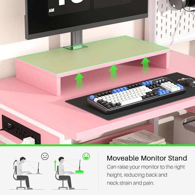Small Gaming Desk with 2 Fabric Drawers - Reversible Computer Desk with Power Outlet & LED Lights, 49" Office Desk with Monitor Stand & Storage Shelves, Writing Study Table with Pegboard, Pink - Image 7