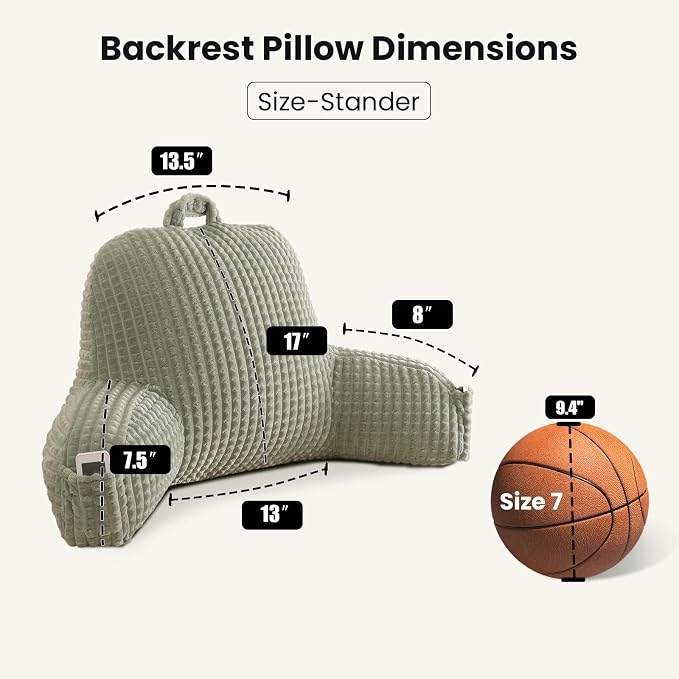 Reading Pillow with Arms for Sitting in Bed,Backrest,Green Flannel,M | 17" Backrest Supports Back for College Students,Elbows & Forearms for Dorm Reading,Gaming,Watching TV - Image 3