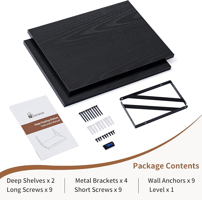 Axeman Deep Floating Shelves for Wall, 16W x 12D Black Floating Shelves Set of 2, 12 Inch Deep Large Wall Mounted Shelves for Living Room Bedroom Bathroom - Image 6