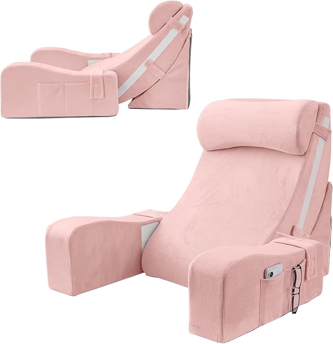 Sasttie 15-25 inch Adjustable Reading Pillow with Armrests, Pink | Back Rest Pillow with Secure Side Straps, Memory Foam Back Support Cushion Bed Chair for Reading, Gaming & Relaxing by SASTTIE