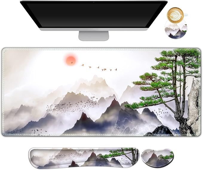 AIMSA Large Gaming Mouse Pad Set, Keyboard Wrist Rest Support + Extended Mouse Pad + Mouse Wrist Cushion + Coaster, Ergonomic Memory Foam Desk Mat 35x15.7in Anti-Slip Base (Pine Tree Mountains) by AIMSA