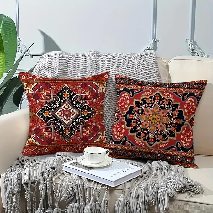 4pcs, Bohemian Ethnic Style Carpet Pattern Throw Pillow Covers, Printed Throw Pillowcase, Throw Pillow Covers Decor, Home Decor, Bedroom Decor, Living Room Decor, 18x18 Pillows Linen Pillowcase - Image 2