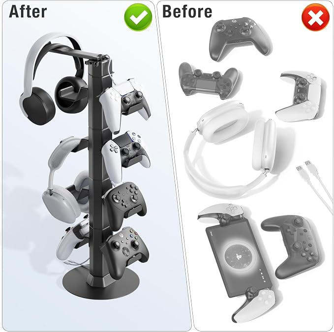 Gaming Controller & Headset Holder Stand for Desk, with Charger Cable Organizer Headphone Stand for PS5/ Xbox/ PS4/ Switch, Metal Base Controller Hook for Storage with 360° Rotatable Hanger- 6 Tiers - Image 5