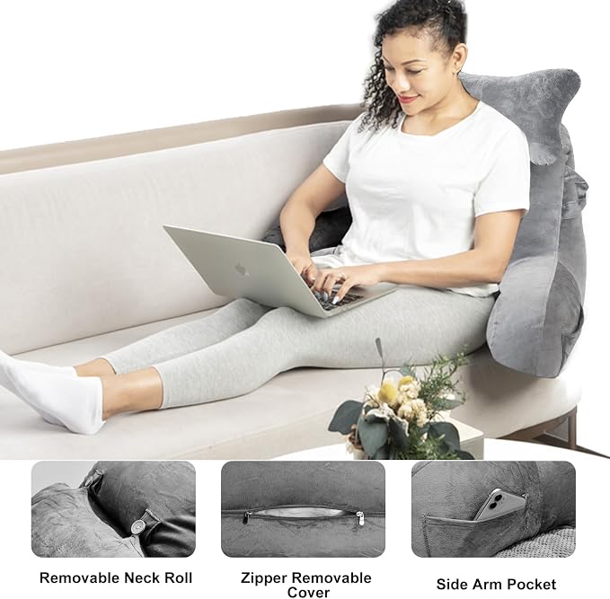 SLIGUY Reading Pillow for Sitting in Bed Couch Adult, Back Pillow with arm Support and Pockets, Adult Back Pillow Bed Chair for Bed Rest, Reading, Watching TV, Gaming for Boys and Girls Light Grey - Image 4