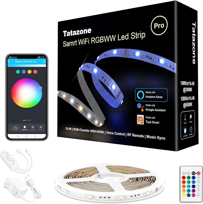 Tatazone RGBWW Smart Led Strip Lights, 16.4ft Tunable White 3000K to 6500K+RGB WiFi Led Light Strip Work with Alexa and Google, Color Changing Music Sync Indoor Rope Lights for Bedroom, TV, Cabinet by Tatazone