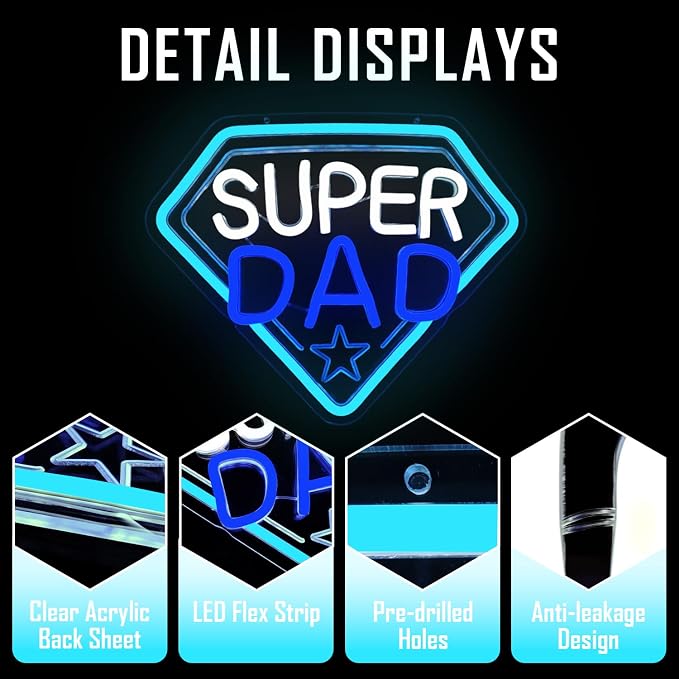 Fathers Day Neon Sign Super Dad Led Sign Dimmable Father‘s Day Decorations New Dad Neon Lights Super Dad Decorations for Father Dad Birthday Gifts - Image 6