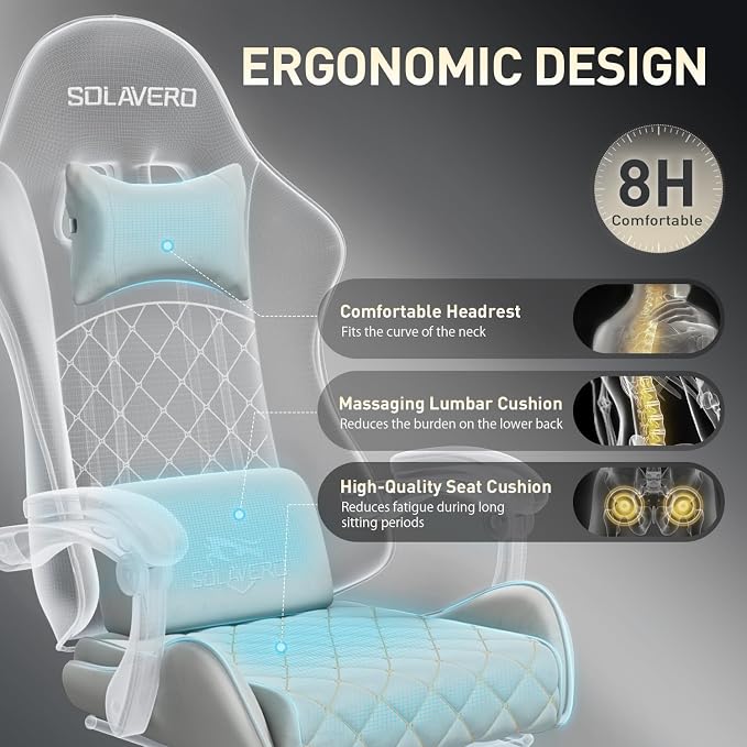 HLDIRECT Massage Recliner Gaming Chair with Footrest for Adults, Light Grey | 300lbs Capacity, Ergonomic Office Computer Chair, Lumbar Support, Breathable Fabric, Headrest, 360° Swivel, Metal Frame - Image 7