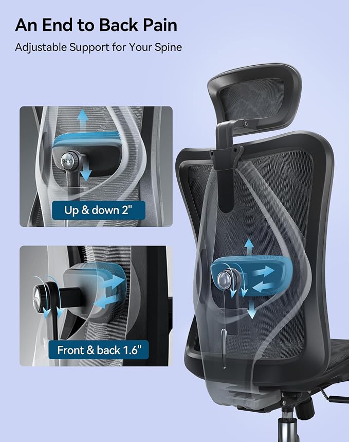 SIHOO M57 Ergonomic Mesh Office Chair, High Back Home Desk Chair with 3D Armrests, Lumbar Support and Adjustable Headrest, Comfortable Computer Chair, Big & Tall Office Chair Hold 330 LBS-Ebony - Image 9