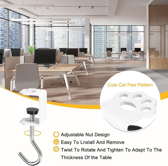 PATIKIL Desk Hook, 2Pcs Desk Mount Bag Holder Hook Cat Claws J Hooks for Hanging Bag Backpack Under Desk Clamp Purse Adjustable Headphone Table Closet Door Under Counter, White - Image 5
