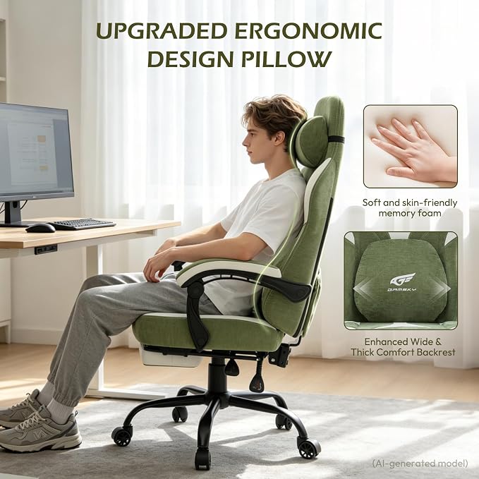 Ergonomic Gaming Chair for Adults - Comfortable Office Computer Chair with 20.5” Wide Seat, Adjustable Video Game Chair with Footrest and Lumbar Support for Home Office, Green - Image 6