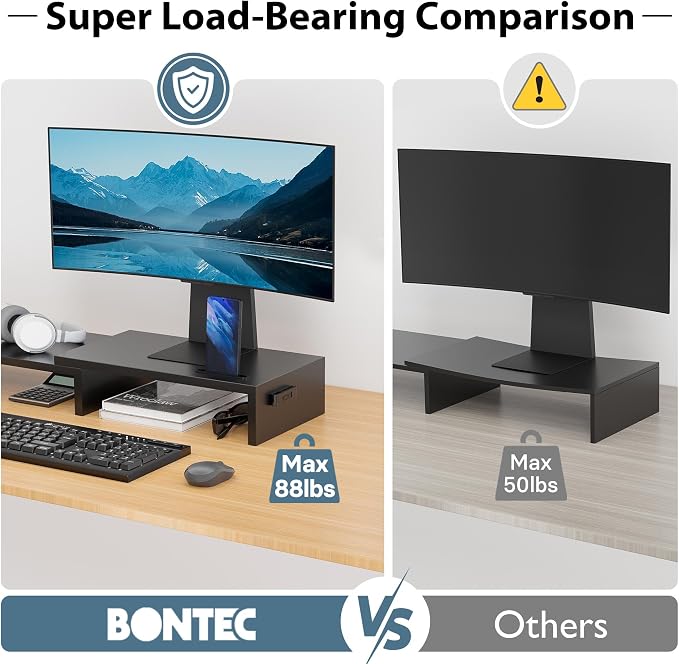 BONTEC Dual Monitor Stand Riser, Adjustable Length & Swivel Angle, Black | Ergonomic Wooden Desktop Organizer with Smartphone Holder, Computer Monitor Stand for PC, Laptop,Printer and Large Storage - Image 5
