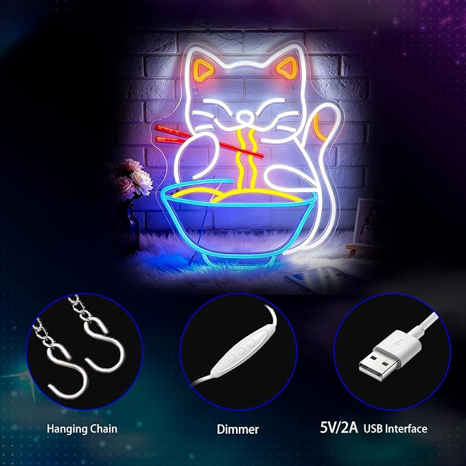 Neon Sign, Ramen Cat Neon Signs for Wall Decor LED Signs Neon Light - Image 5