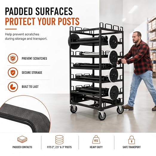 24 Posts Stanchion Cart, Crowd Control Stanchion Cart, Easy to Assemble, Horizontal Padded Storage Locking Wheels for Safety with 8 Tie-Down Straps, 32 x 32 x 77 in - Image 2