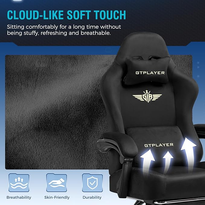 GTPLAYER Gaming Chair Fabric with Pocket Spring Cushion, Big and Tall Gamings Chairs 350LBS High Back Computer Chair with Footrest for Adults Lumbar Support Swivel Game Chair for Office Light Black - Image 6