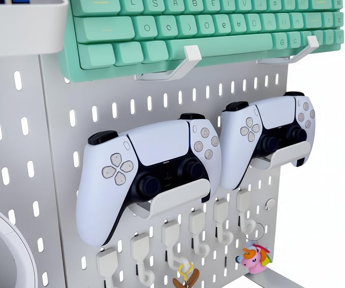 Gaming Desk Organizer, No-Drill Freestanding Desk Pegboard with Headphone Stand, Controller Holder, Keyboard Stand & Shelves, 5-in-1 Gaming Setup Accessories for Dorm Room & Home Office, White - Image 7