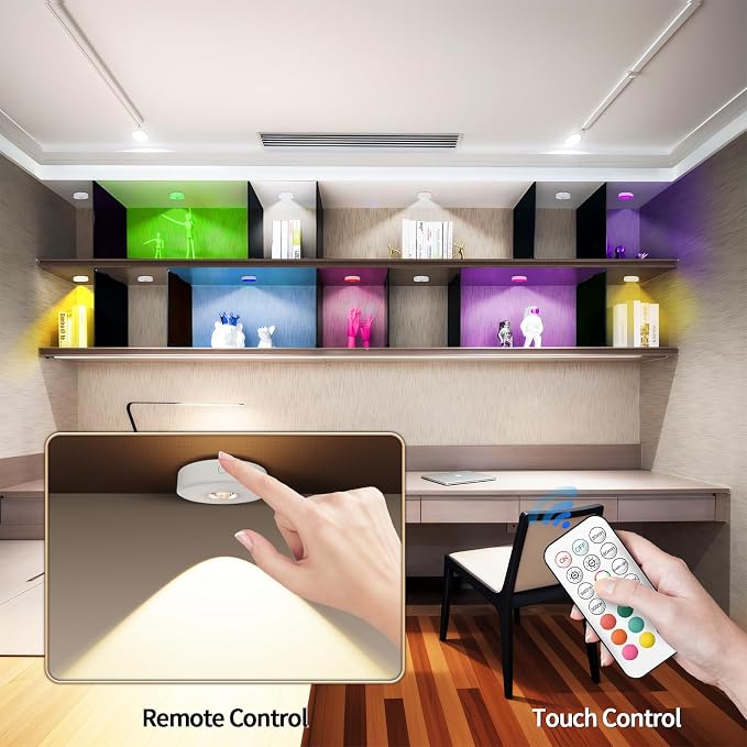 Rechargeable Puck Lights with Remote Control, 12 Color Changing Under Cabinet Lighting, Wireless RGB tv Led lights for bedroom & Closet, Dimmable Magnetic under counter lights for kitchen, Shelf,Party - Image 5