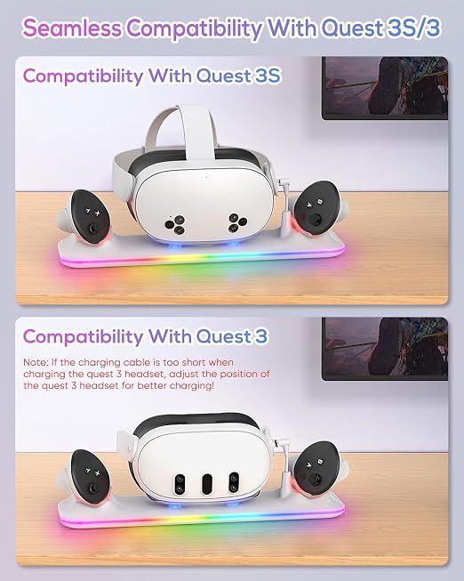 Charging Dock for Meta Quest 3S/3, Kinwin Magnetic Charging Station for Oculus Quest 3S/3 Accessories with RGB Light, Charging Stand for VR Headset & Controller with 2 Rechargeable Batteries (White) - Image 2