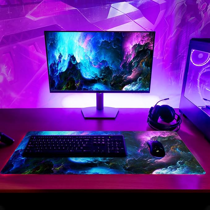 Dazzling Galaxy Gaming Mouse Pad 27.6x11.8 Inch Blue Purple Galaxy Nebula Universe Space Large Mousepad Non-Slip Rubber Base Stitched Edges Keyboard Mouse Mat Desk Pad for Office Home and Game - Image 6