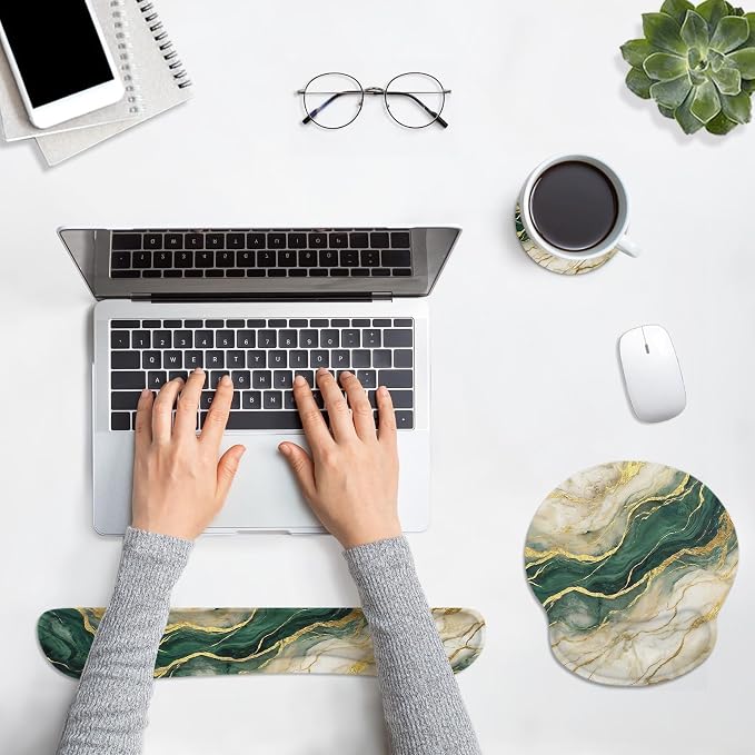 Britimes Ergonomic Mouse Pad Set with Wrist Rest, Gold Green Marble - Image 3