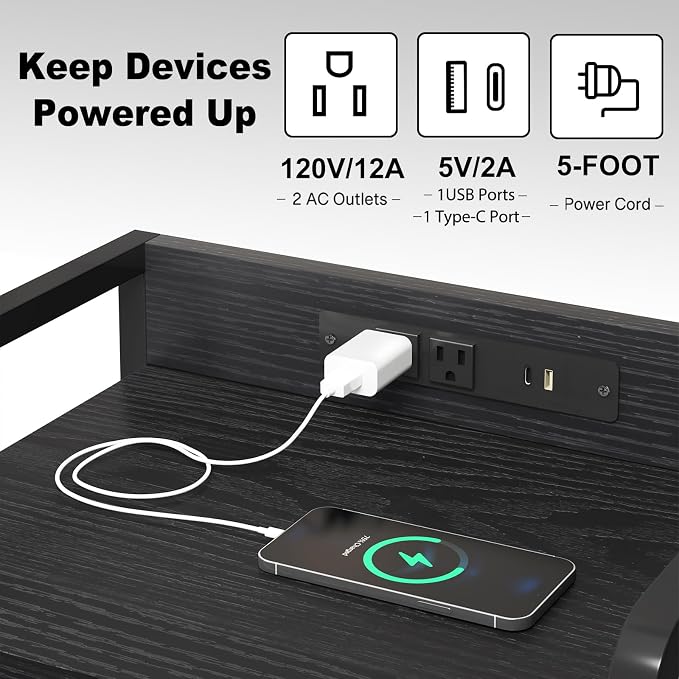 Fixwal Black Led Nightstand, Rear Charging Station, 2 Fabric Drawers - Image 5