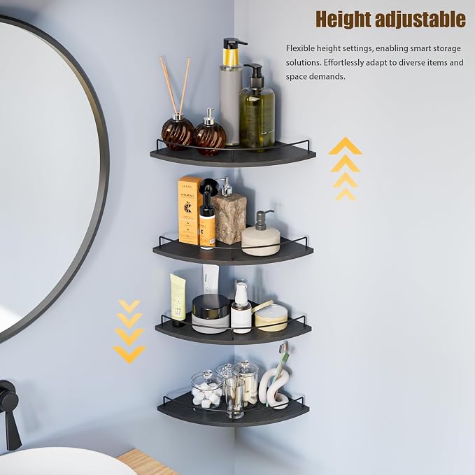 Corner Shelf Wall Mount, Floating Corner Shelves, Set of 4 Corner Wall Shelf Organizer,Rustic Wood Wall Storage Display Shelves forLiving Room Bedroom Bathroom Kitchen,Black - Image 4