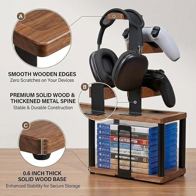 Solid Wood Controller Holder and Headphone Stand with Storage Base for Desk | Holds 1 Headset & 2 Controller - Gaming Equipment Accessories for PS5/Xbox/Switch and Headset Holder, Gamer Gift for Men - Image 4