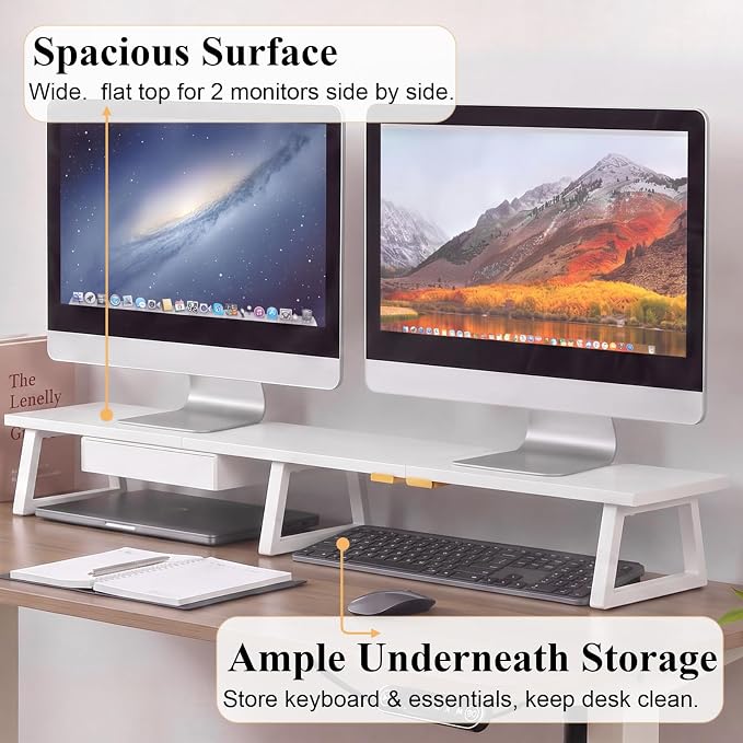 TEAMIX 42 inch Dual Monitor Stand with Storage Drawer & Phone Holder, White | Laptop, PC, Printer, TV Stand Riser, Wood & Steel, Holds 300lbs, Keyboard & PS5 Storage underneath, For Home Office & Gaming - Image 2