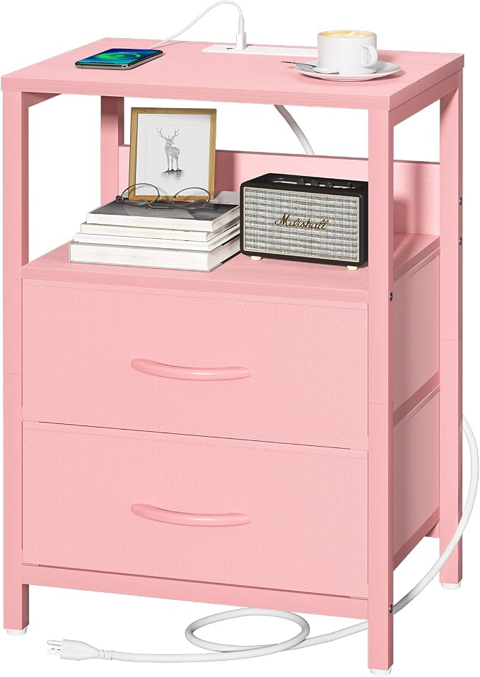Yoobure Nightstand with Charging Station, Small Night Stand with Fabric Drawers and Storage Shelf for Bedrooms, Nightstands for Small Spaces, Bedside Table with USB Ports & Outlets Bed Side Table by Yoobure