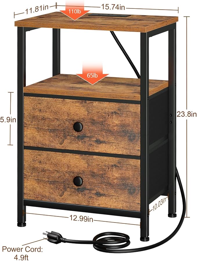 LOAKEKEL Night Stand, Small Nightstand with Charging Station - Image 3