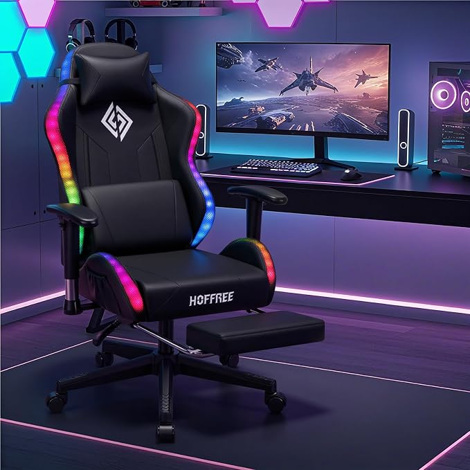 HOFFREE RGB Gaming Chair for Kids LED Computer Chair 155°Recliner-Black | PC Game Chair with Lights Gamer Chair for Boys Teens 8-15 Video Game Chairs with Footrest and Lumbar Support Racing Style - Image 2