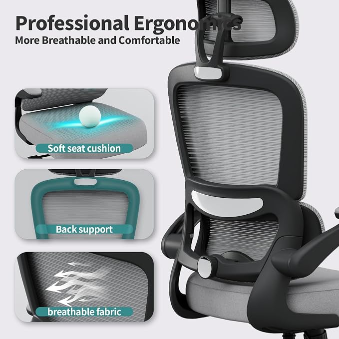 TRALT Office Chair Ergonomic Desk Chair - Gaming Chair with Lumbar Support | 330 LBS Home Office Desk Chairs with Headrest, Reading Chair with Flip-up Armrests, Comfortable Computer Chairs (1, Grey) - Image 3