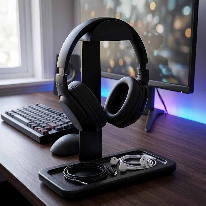 Gift for Men Headphone Stand with Storage Base, Stylish Headset Holder Gamer Gifts for Gaming & Desk to Keep Accessories Organized, Unique Gifts for Teenage Boy Brother on Birthday (Black Wood) - Image 7