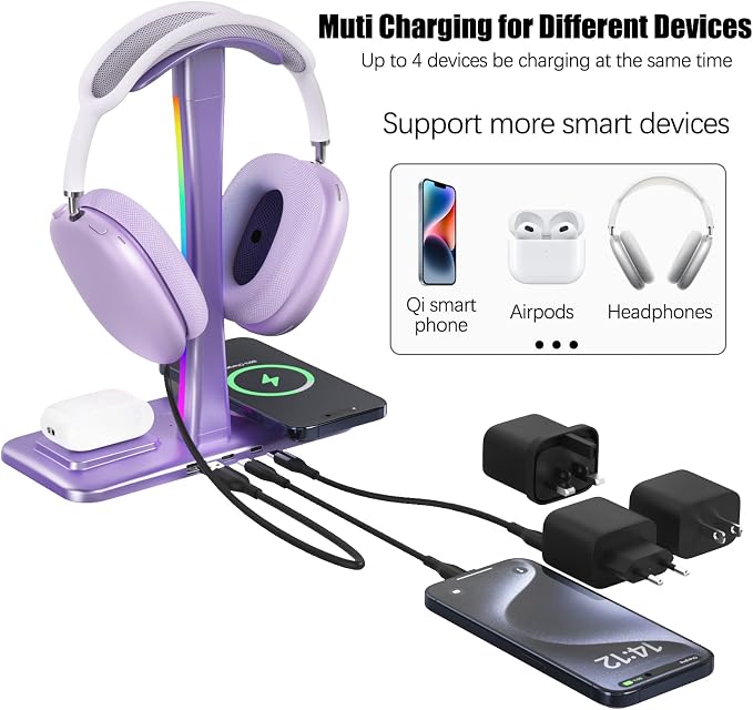 Headphone Stand with Wireless Charger,Gaming Headset stand with RGB Light,For Airpod Max Stand Compatible with Airpod Pro/3/2,For iPhone 17/16/15/14/13/12/11,Gifts for Gamers & Music Lover (Purple) - Image 5