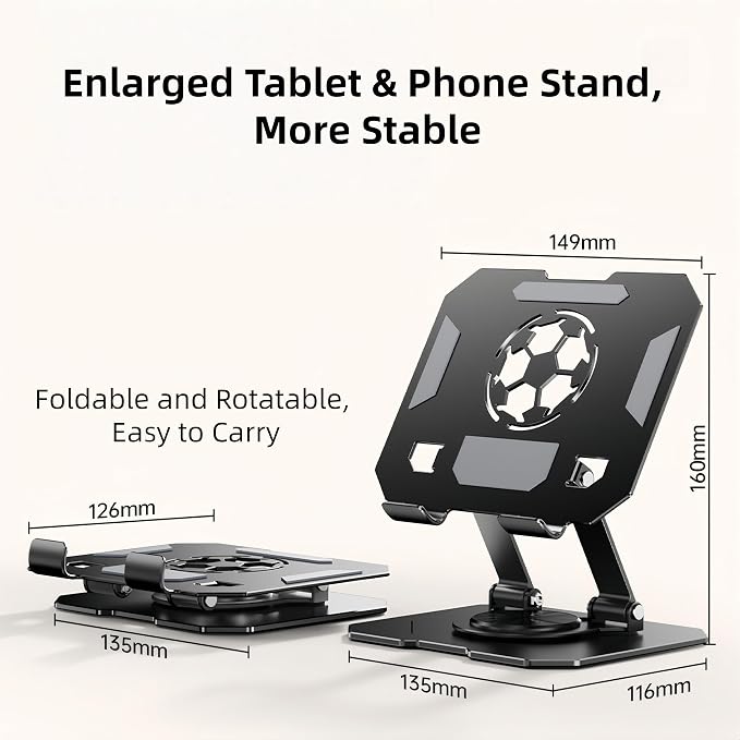 360° Rotatable Metal Tablet Stand(Backboard Soccer Cutout Design), Adjustable Folding Desktop Stand for iPad/iPhone/Switch, Universal Use for Office/Movie/Studying/Drawing/Gaming, Silver - Image 6