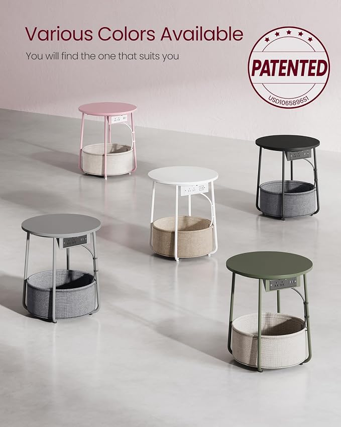 VASAGLE Side Table with Charging Station,Fabric Basket, Round End Table - Image 9