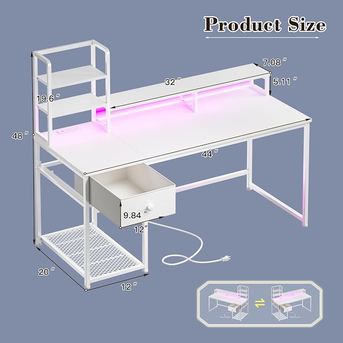 EnHomee 44" Small White Gaming Desk with Hutch & Shelves for Teen Gamer - Image 3