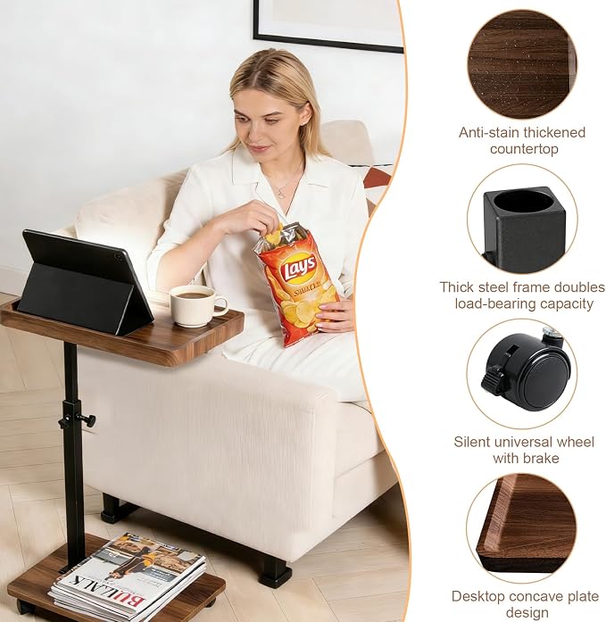 Rolling Side Table Adjustable Height, 360°Swivel C Tray Snack Table - Image 6