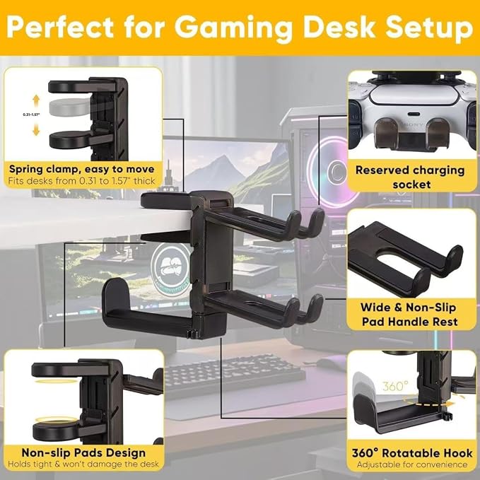 Foldable Headphone Stand and Hook – Aluminum Headset Holder Clamp Mount Under Desk, Universal Fit for Gaming Headphones, Space-Saving Hanger Organizer - Image 4