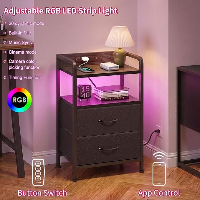 Fixwal Black Led Nightstand, Rear Charging Station, 2 Fabric Drawers - Image 4