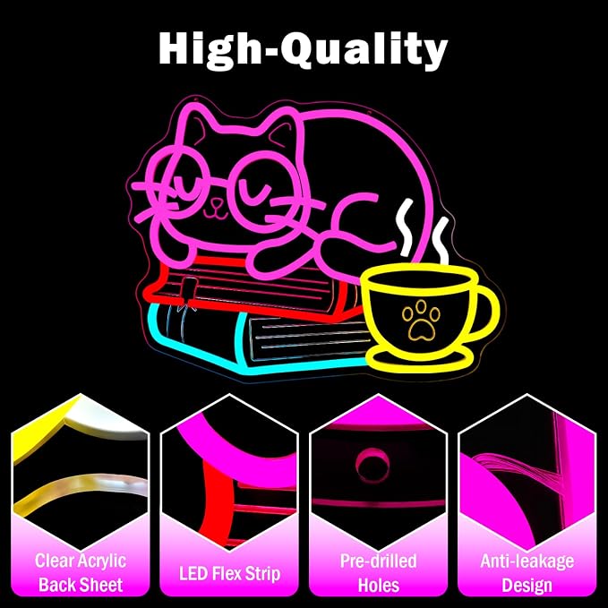 Cat Reading Neon Sign Kawaii Kitten with Glasses On Books with Coffee Neon Lights Dimmable Light Up Sign for Classroom Library Reading Corner Led Wall Art - Image 6