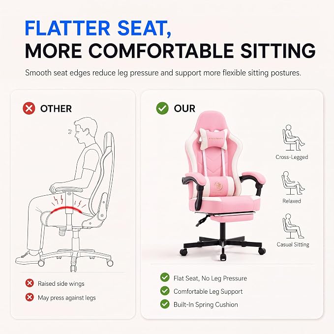 Desk Computer Gaming Chair - High Back Ergonomic Office Chair with Footrest and Lumbar Support, Swivel Comfy Home Gamer Video Game Chairs with Pocket Spring Cushion for Adults (Pink Leather) - Image 4