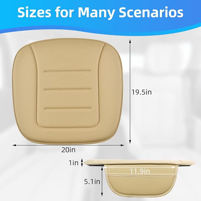 KAYI Car Seat Cushion, Comfort Memory Foam Car Cushions for Driving, Breathable Leather Surface with Anti Slip Rubber Bottom, Seat Cushion for Car and Office Chair (2 Pack, Beige) - Image 2