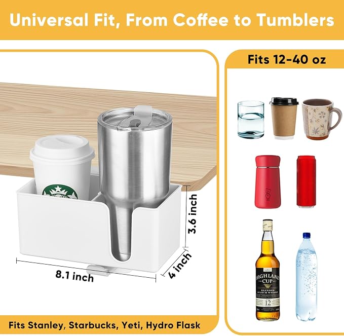 4-in-1 Clip On Desk Cup Holder, Fits up to 40oz cups - Mountable Holder with Adjustable Divider & 360° Rotating Hook - No Spill Clamp On Drink Holder Attachment - for Desk Chair Table Bed Tray - White - Image 3