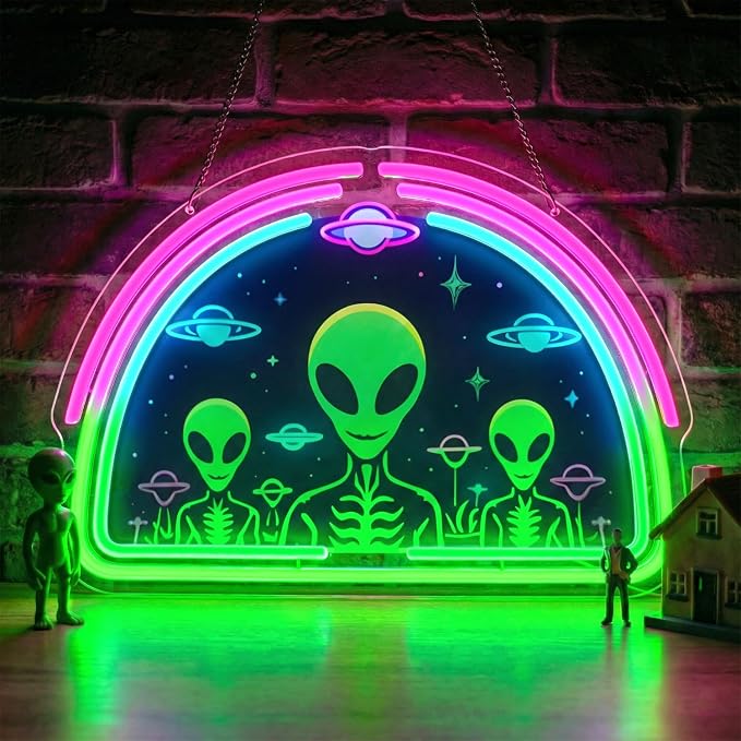 Alien Neon Sign,Neon Signs for Wall Decor,Space UFO LED Neon Light Wall Decor for Game Room,Mancave,Dorm & Party,Dimmable USB Powered Neon Wall Art Aesthetic for Teens,Gamers & Sci-Fi Lovers by YourVibeYourNeon