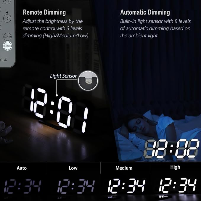 KOSUMOSU Digital Clock 3D LED Wall Clock for Living Room Decor 9.7" Alarm Clocks Black Clock Wall Decor Digital Wall Clock,Remote Control/Dimmer/Date/Temperature - Image 4