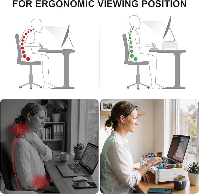 WALI Computer Monitor Stand with Storage and Pen Holder | 3 Height Adjustable Desk Organizer with Drawer, Desk Laptop Monitor Riser for Computer, Printer(PTT003-M), 1 Pack, Marble - Image 8