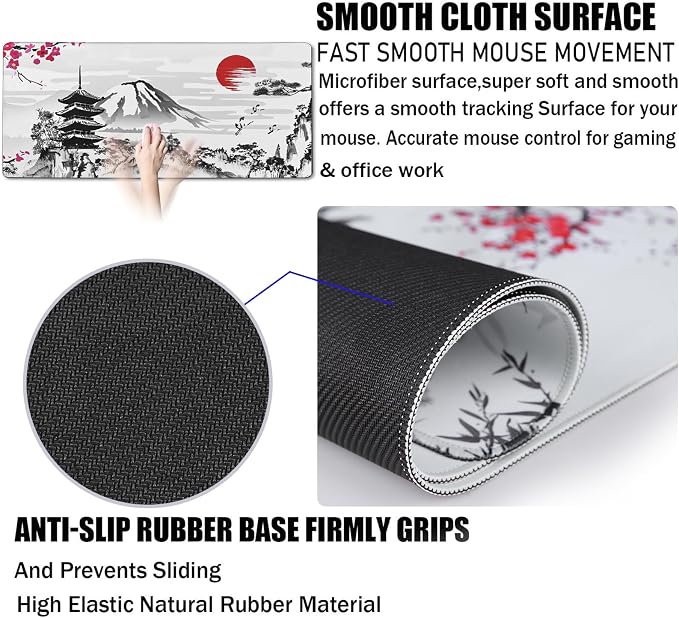 Japanese Landscape Large Mouse Pad Large Extended Mouse Pad | 31.5x15.7inch Big Computer Mousepad Waterproof Non-Slip Rubber Mice Pads Stitched Edges Home Office Gaming Work - Image 3