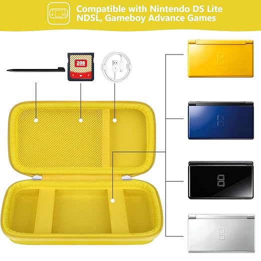 Supmay Hard Carrying Case Compatible with Nintendo DS Lite NDSL, Gameboy Advance Games Storage Holder Travel Bag with Mesh Pocket for USB Charging Cable, Stylus, Earphones, Game Cartridge, Yellow - Image 2