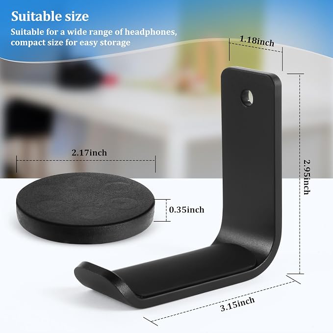Magnetic Headphone Holder, Aluminum Headset Hook for Desk & Table | Headphone Hanger, Headphone Mount Stand with Rubber Pad, Compatible with All Computer/Gaming Headsets (Black) - Image 2
